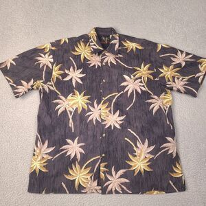 Bamboo Cay Shirt Mens Medium Black Gray Hawaiian Camp Button Up Palm Cotton Lawn